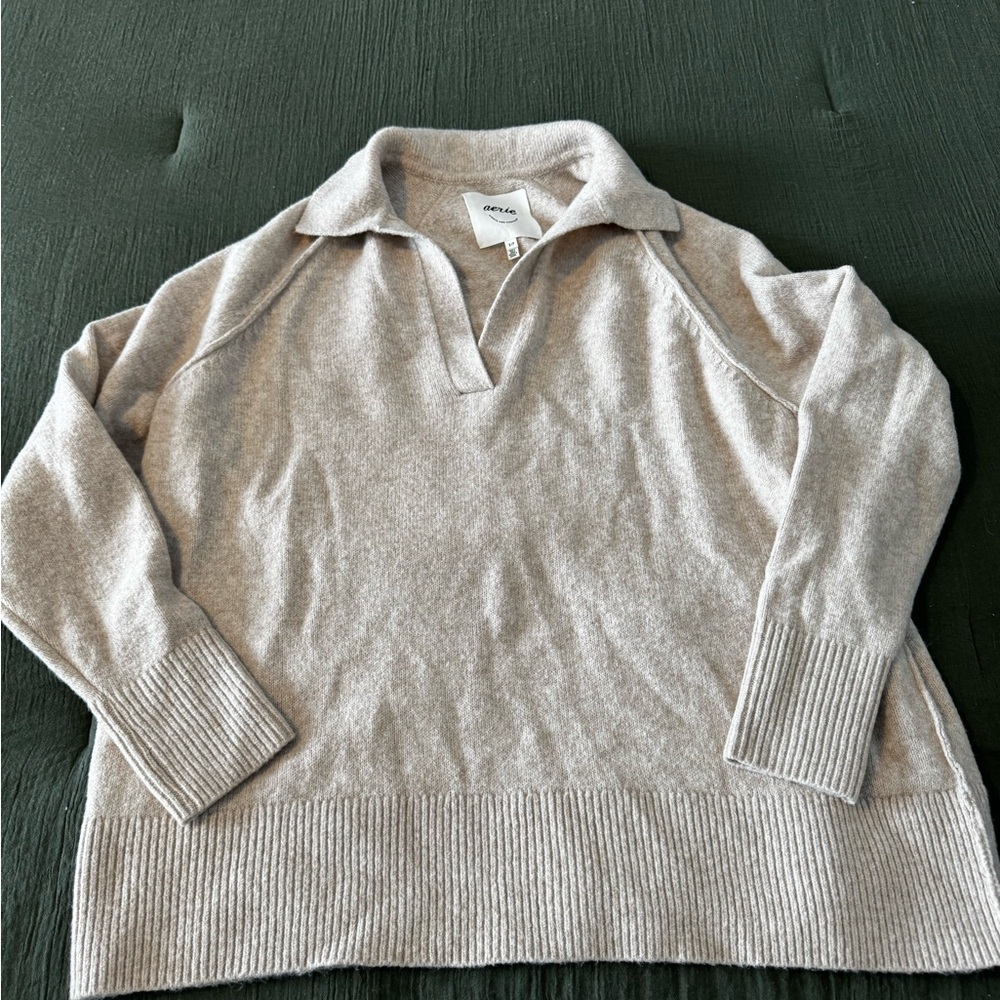 Aerie Heather Tan, Oversized V-Neck Sweater